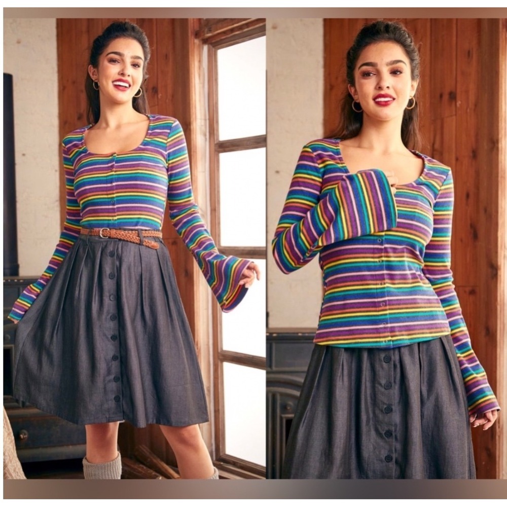 ModCloth Lost in Love Rainbow Stripe Ribbed Knit Bell Sleeve Top 1X Retro Indie